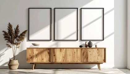 Minimalist interior with wooden sideboard, black-framed blank canvases, vases, plants, and sunlight on white wall