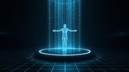  Futuristic digital human hologram standing with arms outstretched in awave light display