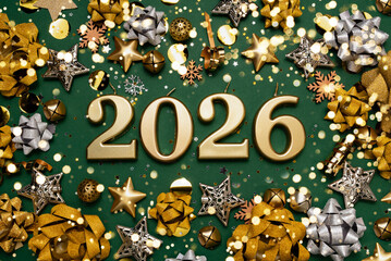 Luxury New Year 2026 background with gold typography, bokeh lights and festive decorations on green background. Ideal for marketing campaigns, social media, banners, ads and holiday promotions