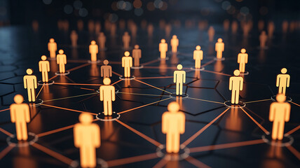 Abstract human figures network connected on digital hexagonal grid background