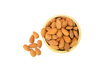 bowl of almonds, Roasted brown almond in wooden bowl and outside isolated on white background with clipping path stack top view flat lay