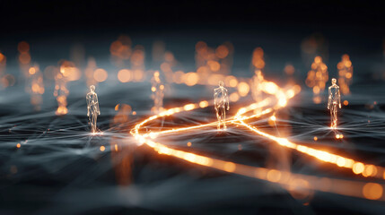Futuristic digital network concept featuring glowing, abstract wireframe human figures connected by brilliant light trails and complex data lines, representing AI, big data, teamwork, and technology.