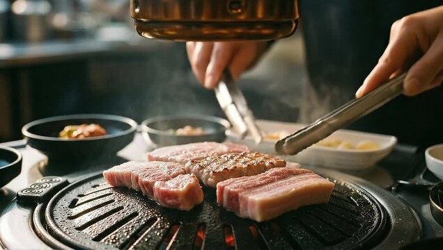 Close-up of person grilling pork belly at Korean barbecue restaurant.