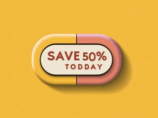 A stylized, pill-shaped badge against a yellow backdrop, promoting a 50% discount with "SAVE 50% TODAY" displayed in bold