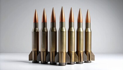 Seven upright metallic artillery shells with copper tips and flared bases arranged in a row on neutral background