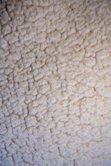 Macro texture of cozy beige sherpa fleece or sheepskin. The soft, warm, and fluffy surface makes a perfect background for comfort and winter concepts.