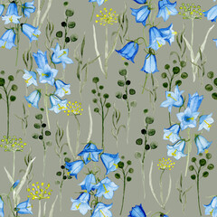 Hand drawn, watercolor wildflowers, bluebells, grey background. Seamless floral pattern-1006.