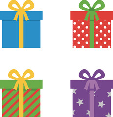 Vector collection of four colorful flat-style gift boxes featuring various patterns including polka dots, stripes, and stars, each tied with a ribbon and bow.