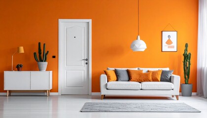 Contemporary living room with orange accent wall, white sofa, sideboard, cacti, pendant light, and framed artwork