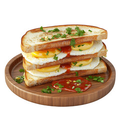 egg sandwich with chilli sauce on wooden plate