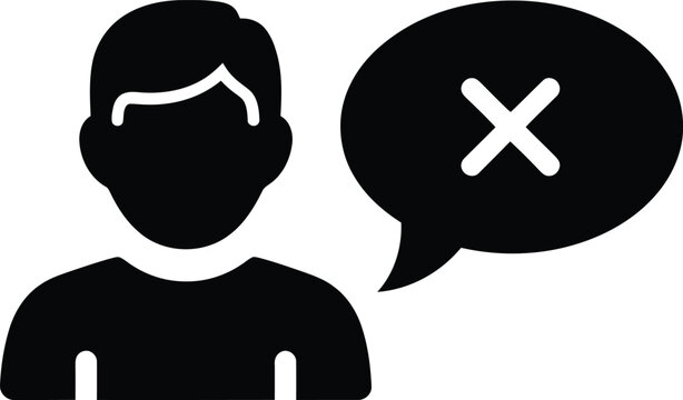 Silhouette of a person with a speech bubble containing a cross symbol Keywords: person, silhouette, speech bubble, chat, communication, message, cross, x, incorrect, wrong, error, negative