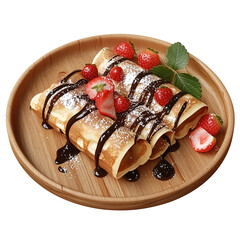 fluffy roll pancake on wooden plate, white background