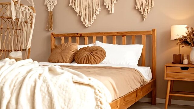 A cozy bedroom decorated in a neutral palette with natural elements, macrame wall hangings, and a woven chair