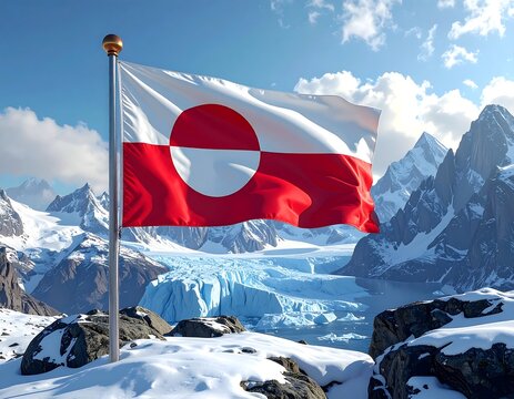 A vibrant flag with red and white design, waves atop a rocky, snowy terrain, mountain backdrop