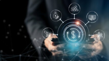 A futuristic vision of financial technology, a digital screen with dollar currency symbol and related icons, symbolizing modern financial concepts.