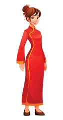 Beautiful woman wearing traditional Chinese Cheongsam dress (Qipao). Elegant standing female character smiling. Isolated. Vector cartoon illustration
