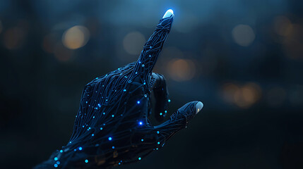 Futuristic digital hand pointing upward on dark background