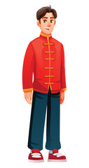 Man wearing traditional Chinese clothes and standing. Cheerful male character smiling. Isolated. Vector cartoon illustration