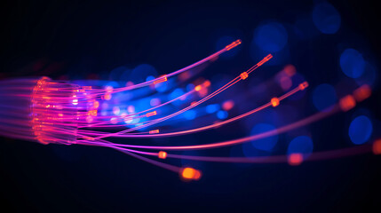 fiber optic cables with colorful light trails on dark background