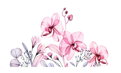 Watercolor tropical border. Abstract transparent orchids, eucalyptus branches and leaves in dusty pink and purple. Isolated hand drawn botanical illustration for wedding design, stationery card print