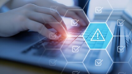 A modern cybersecurity scene of hands on keyboard, with digital symbols for a technology breach, creating a sense of urgency. 