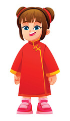 Little girl wearing traditional Chinese clothes and smiling while standing. Cheerful female character smiling. Isolated. Vector cartoon illustration