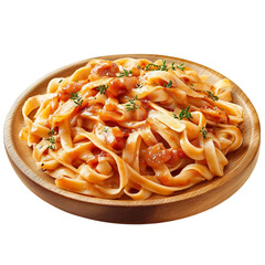 pasta with barbecue sauce on wooden plate, white background