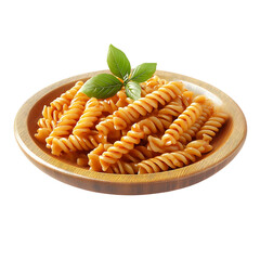 pasta with barbecue sauce on wooden plate, white background