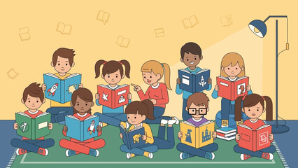 Children Engaged in Reading Activities in a Cozy Classroom Environment