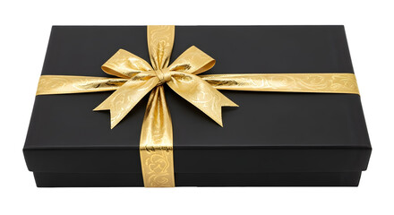 Elegant black gift box with a golden ribbon isolated on a black background