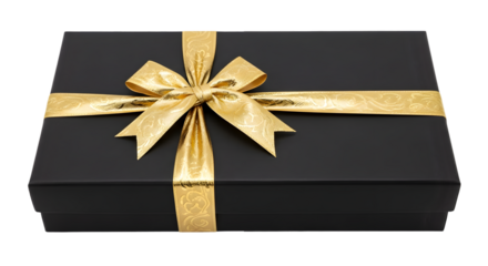 Elegant black gift box with a golden ribbon isolated on a black background