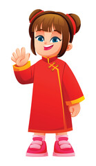 Little girl wearing traditional Chinese dress, standing and waving hand. Cheerful female character smiling. Isolated. Vector cartoon illustration