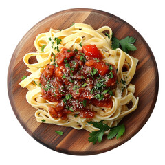 pasta with barbecue sauce on wooden plate, white background