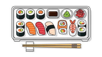 Colorful Assorted Sushi Platter Featuring Nigiri and Maki with Wasabi and Soy Sauce © Alis