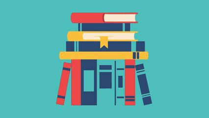 Colorful Illustration of a Towering Stack of Various Books with Bookmark