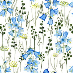 Hand drawn, watercolor wildflowers, bluebells, white background. Seamless floral pattern-1008.