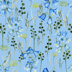 Hand drawn, watercolor wildflowers, bluebells, blue background. Seamless floral pattern-1007.