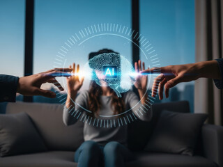 Hands reaching towards a glowing AI brain hologram with a person in VR headset behind it