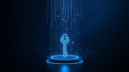 Glowing Futuristic Key with Digital Particles in Dark Space