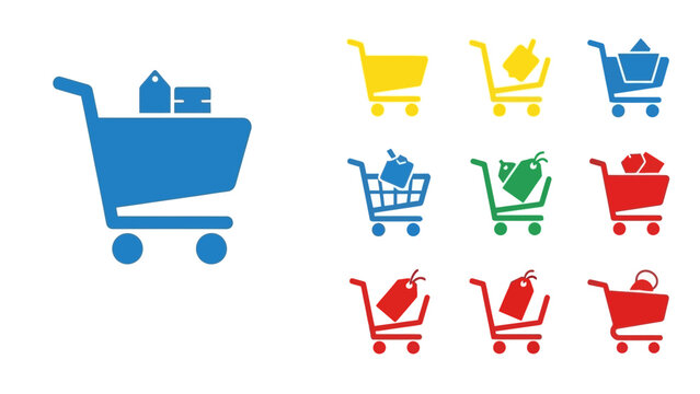 Colorful Shopping Carts Icon Set Illustrating diverse retail and ecommerce themes