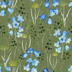 Hand drawn, watercolor wildflowers, bluebells, green background. Seamless floral pattern-1011.