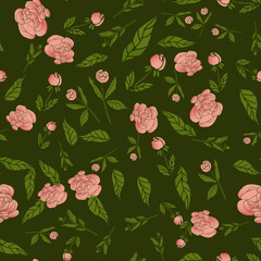 Seamless pink peony floral pattern in a flat minimalist style with soft gradients and a touch of realism. Elegant botanical background featuring peony flowers, buds, and branches 
