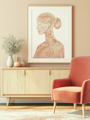 A realistic close-up of a Scandinavian-style sideboard made of light oak, against a soft cream wall. An empty white frame hangs above the sideboard with no objects in front of it to obscure the view. 