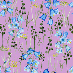 Hand drawn, watercolor wildflowers, bluebells, pink background. Seamless floral pattern-1012.