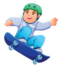 Young boy playing skateboard, wearing helmet and jacket performing a precise jump trick with forward momentum on white background isolated. Vector cartoon illustration © YG Studio