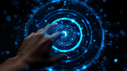 hand touching blue glowing circle with concentric rings and dots