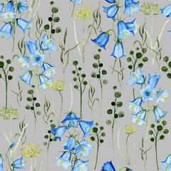 Hand drawn, watercolor wildflowers, bluebells, grey background. Seamless floral pattern-1015.