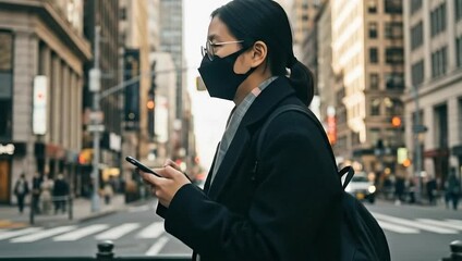 Woman wearing face mask using smartphone on city street during pandemic.