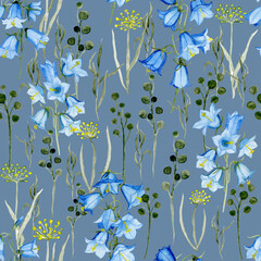 Hand drawn, watercolor wildflowers, bluebells, blue background. Seamless floral pattern-1014.