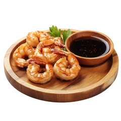 shrimps fried crunchy on wooden plate and soy sesame sauce, white background